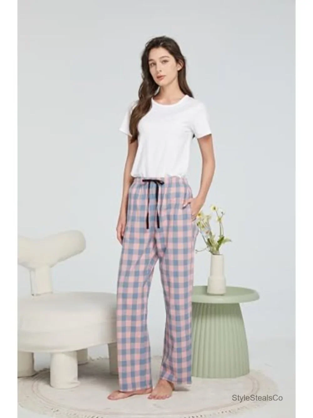 Lightweight Cotton Woven Plaid Pajama Pants With Pockets